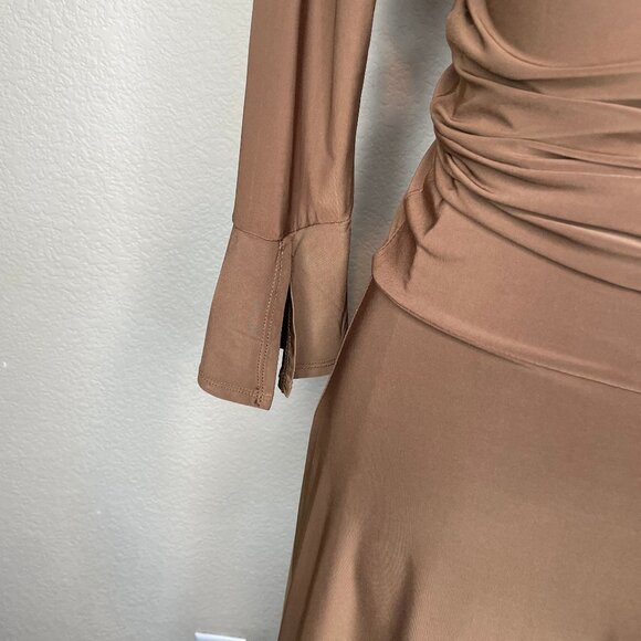 Modbe Chocolate Brown Surplice Wrap Dress Bell Sleeve Ruched Waist Stretchy Midi - Picture 5 of 12